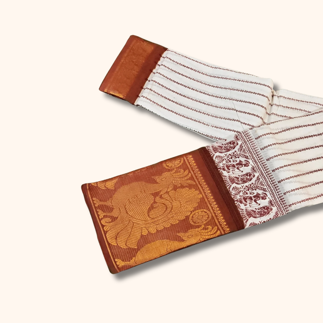 White Striped Sungudi Cotton Saree with Peacock Border
