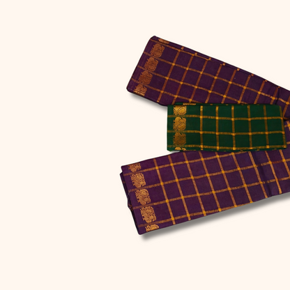 Pavithra Kattam Sungudi Cotton Saree – Dark Maroon with Gold Checks & Traditional Border
