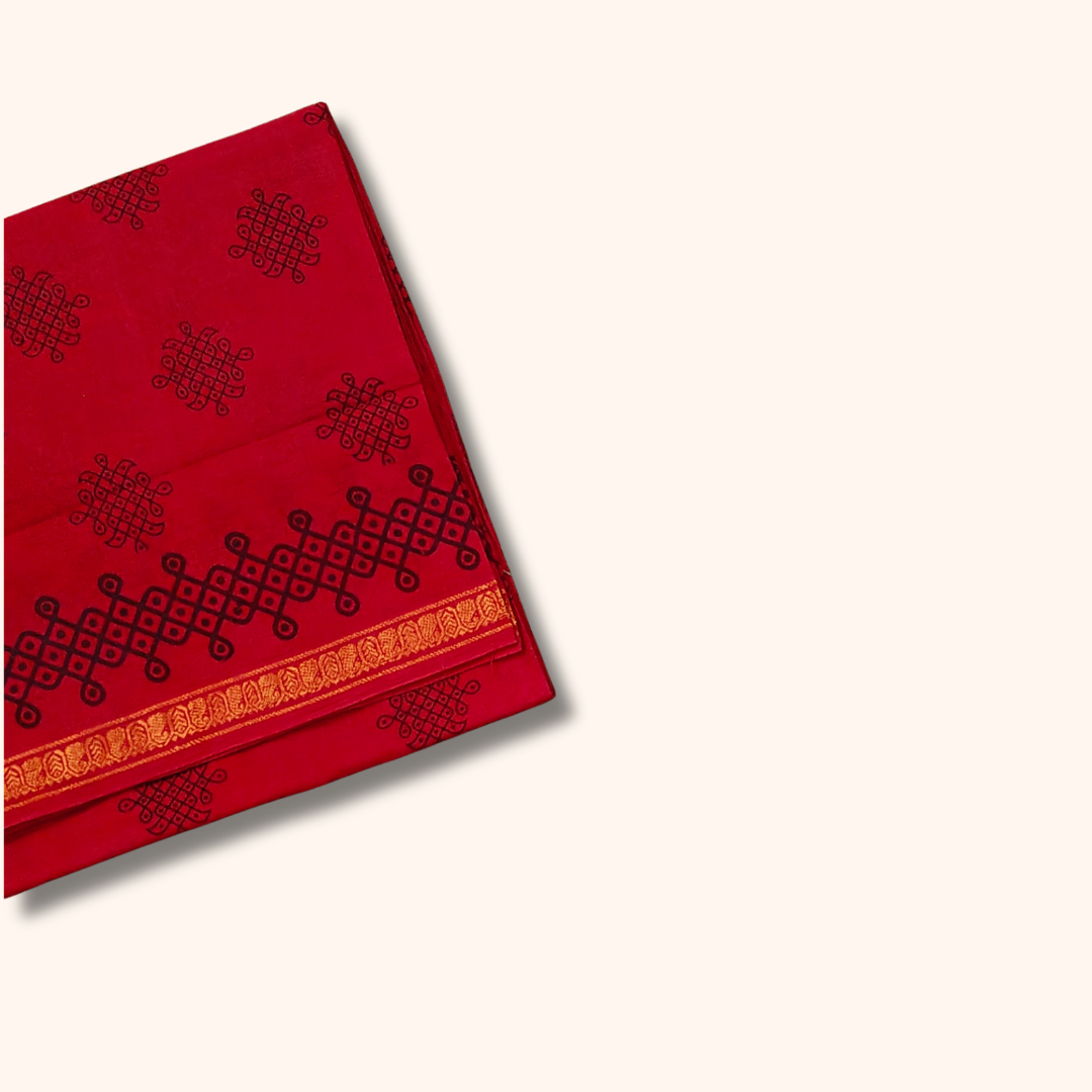Ruby Red Kolam Print with Gold Zari Border