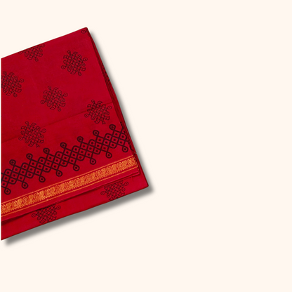 Ruby Red Kolam Print with Gold Zari Border