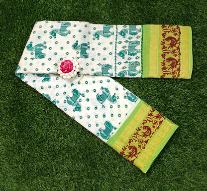 Off-White Sungudi Cotton Saree with Green Elephant Motifs & Light Green Border