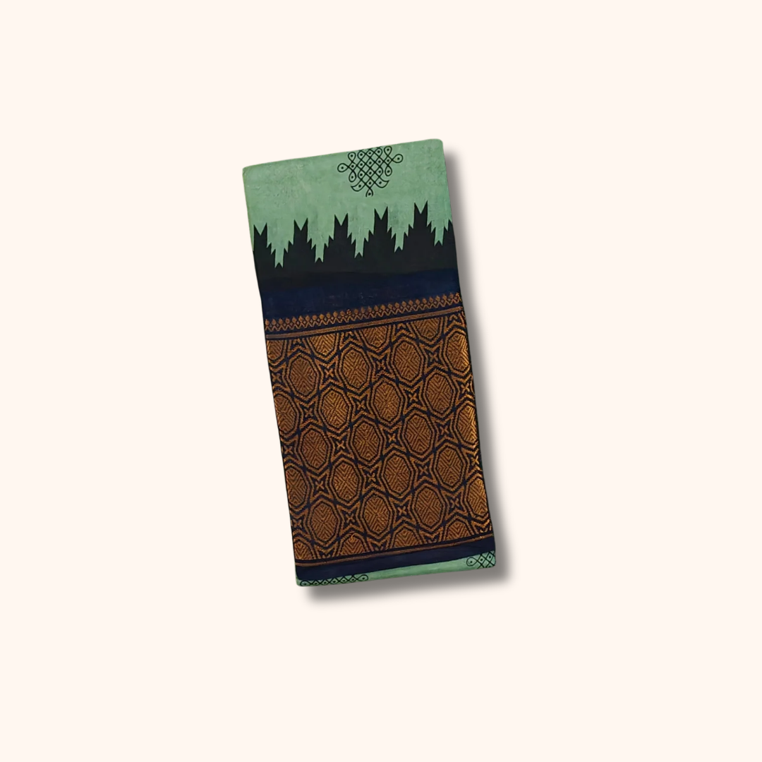 Mint Green Kolam Sungudi Cotton Saree with Black Designer Border