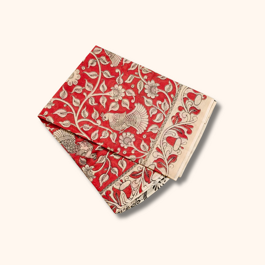 Red Kalamkari Cotton Saree with Floral & Peacock Print Border