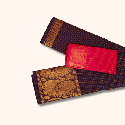 Coffee Brown Sungudi Cotton Saree with Gold Checks and Peacock Zari Border – Separate Blouse Piece Included