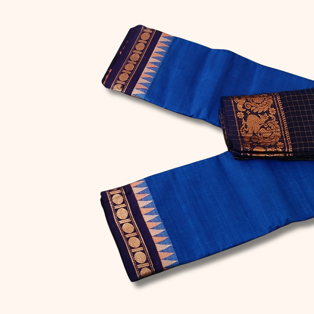 Royal Blue Chettinad Cotton Saree with Temple Border