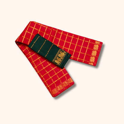 Red Checked Cotton Saree with Gold Zari Border
