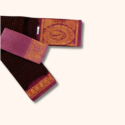Chocolate Brown & Magenta Checked Cotton Saree with Rich Zari Border – Separate Blouse Piece