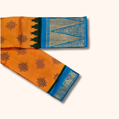 Mustard Yellow Kolam Cotton Saree with Sky Blue Temple Zari Border