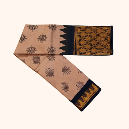 Rose Beige Sungudi Cotton Saree with Traditional Black Zari Border