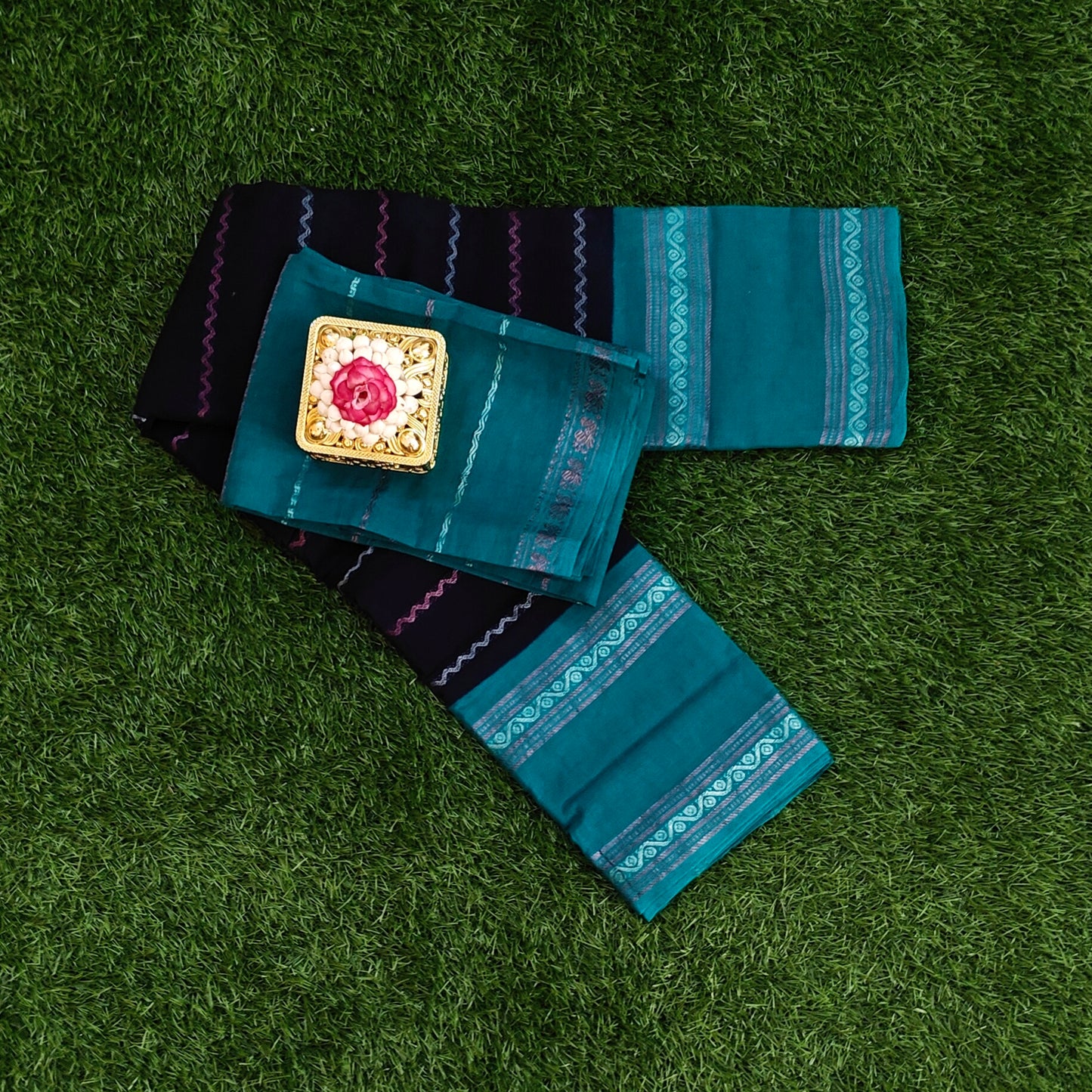 Black & Teal Sungudi Cotton Saree with Separate Blouse