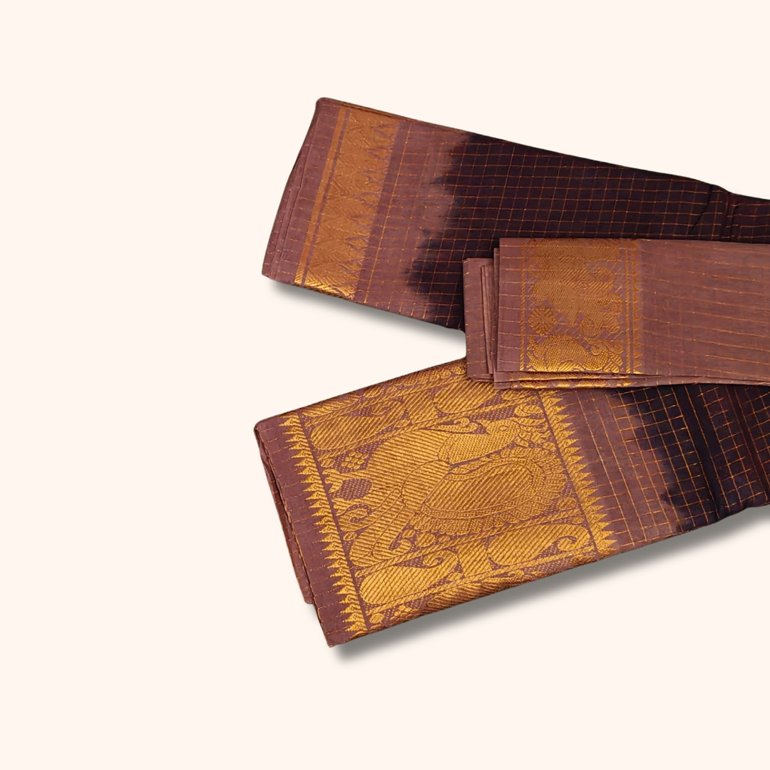 Dark Coffee Brown Sungudi Cotton Saree with Rich Gold Peacock Zari Border