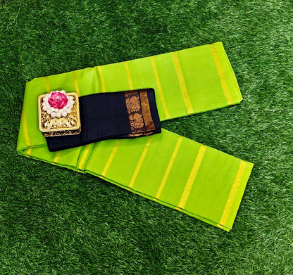 Parrot Green Sungudi Cotton Saree with Zari Lines & Navy Blue Contrast Blouse Piece