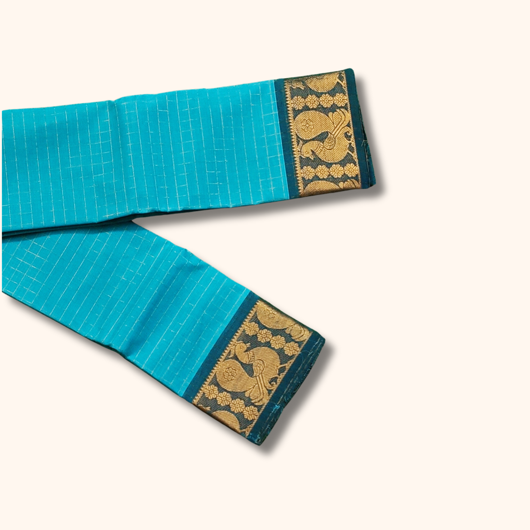 Turquoise Blue Chettinad Cotton Saree with Peacock Zari Border