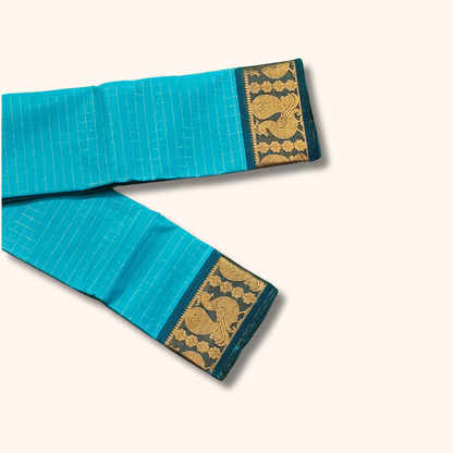 Turquoise Blue Chettinad Cotton Saree with Peacock Zari Border