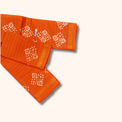 Bright Orange Sungudi Cotton Saree with Traditional White Batik Motifs & Matching Blouse Piece