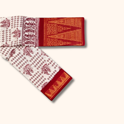 White Printed Cotton Saree with Red Temple Border