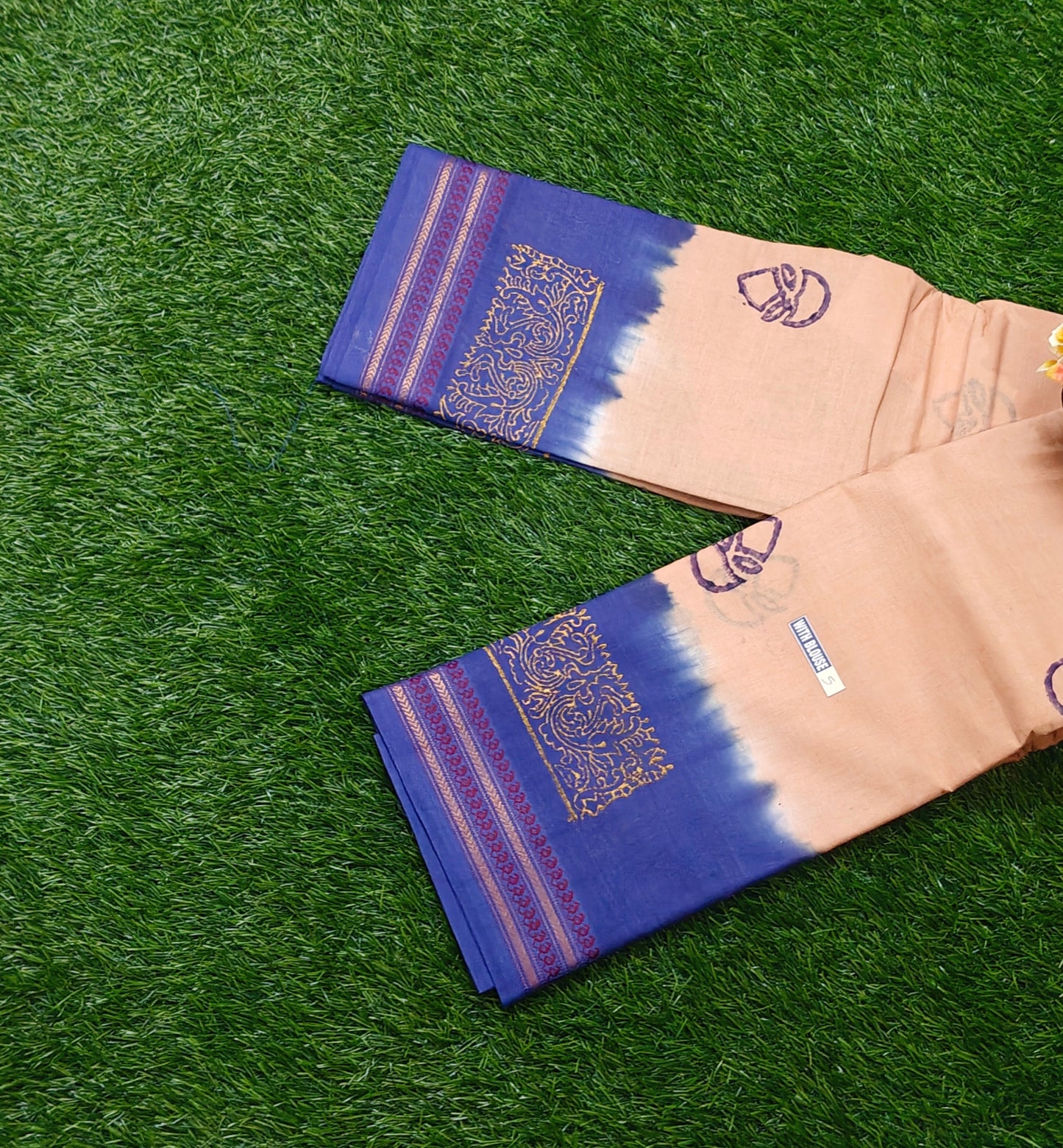 Peach Sungudi Cotton Saree with Royal Blue Zari Border