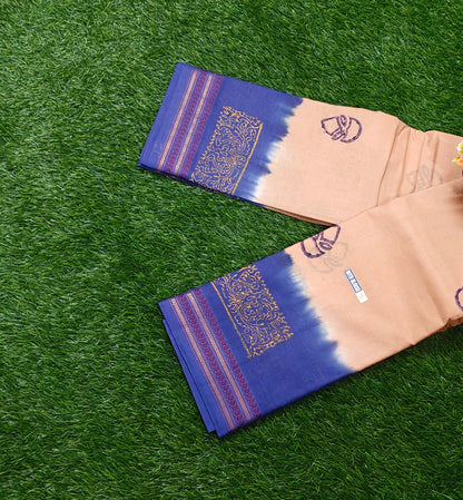 Peach Sungudi Cotton Saree with Royal Blue Zari Border