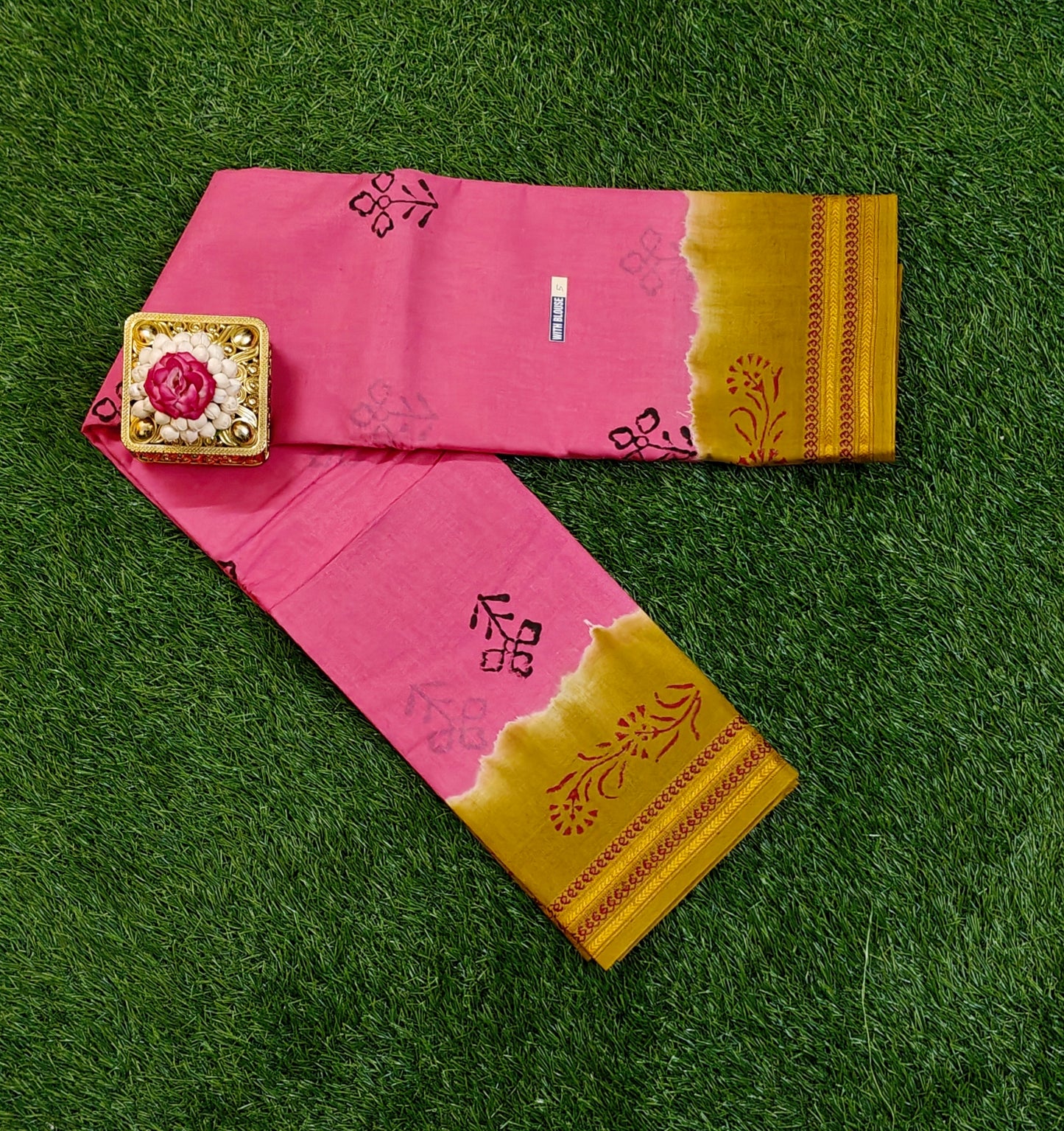 Bright Pink Sungudi Cotton Saree with Mustard Zari Border & Running Blouse
