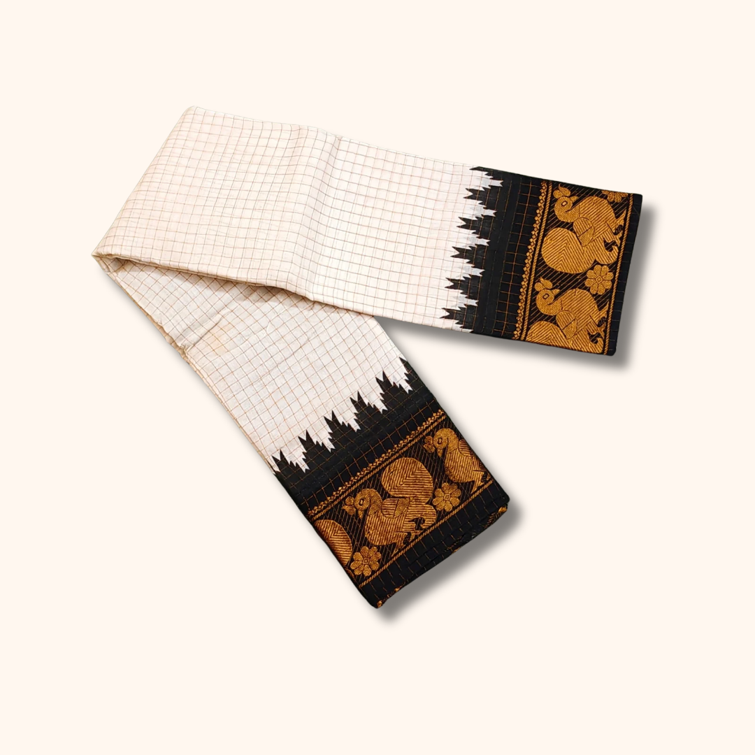 White Checked Sungudi Cotton Saree with Black Peacock Zari Border & Running Blouse