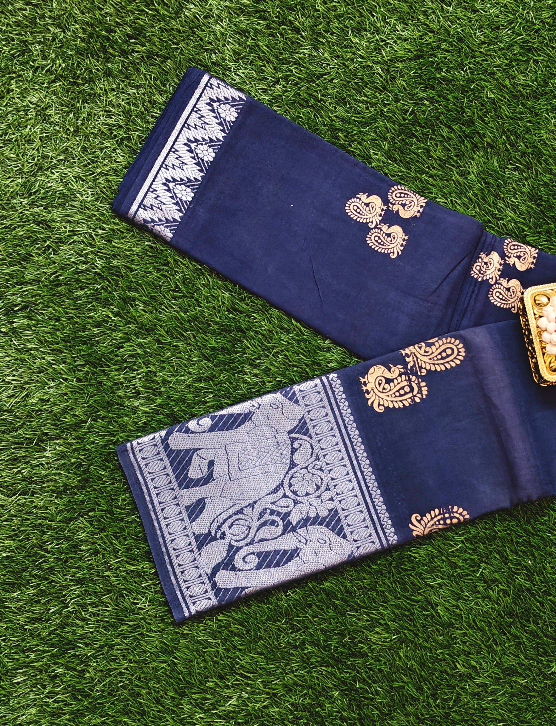 Dark Navy Blue Cotton Saree with Silver Elephant Border & Paisley Motifs