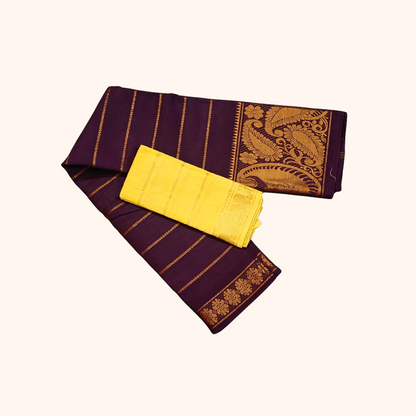 Wine Purple Pure Sungudi Cotton Saree with Rich Paisley Zari Border & Yellow Blouse Piece