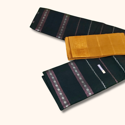 Black Cotton Sungudi Saree with Mustard Yellow Contrast Blouse – Traditional Cotton Saree