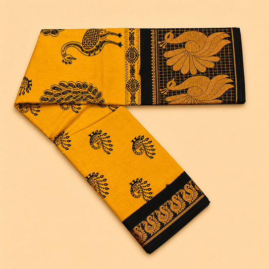 Attractive Mustard Yellow Printed Cotton Saree with Black Peacock Border