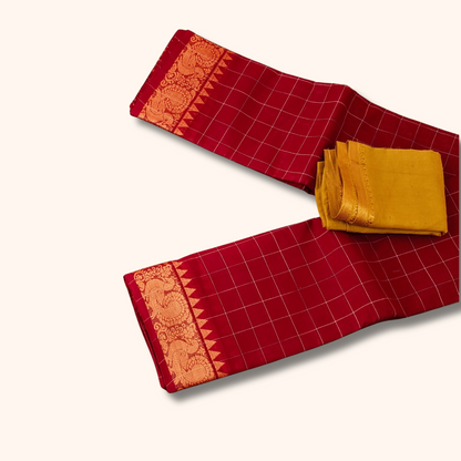 Red Checked Chettinad Cotton Saree with Mustard Blouse Piece