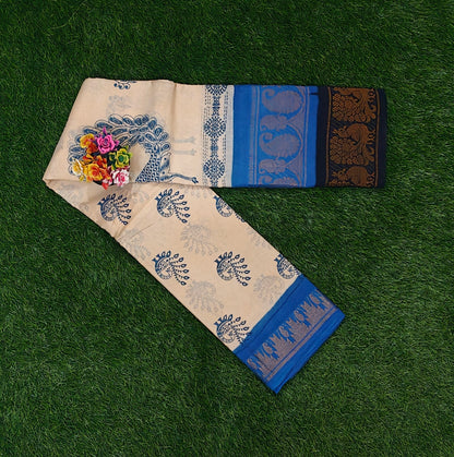 Cream Sungudi Cotton Saree with Royal Blue Double Border & Peacock Print Design
