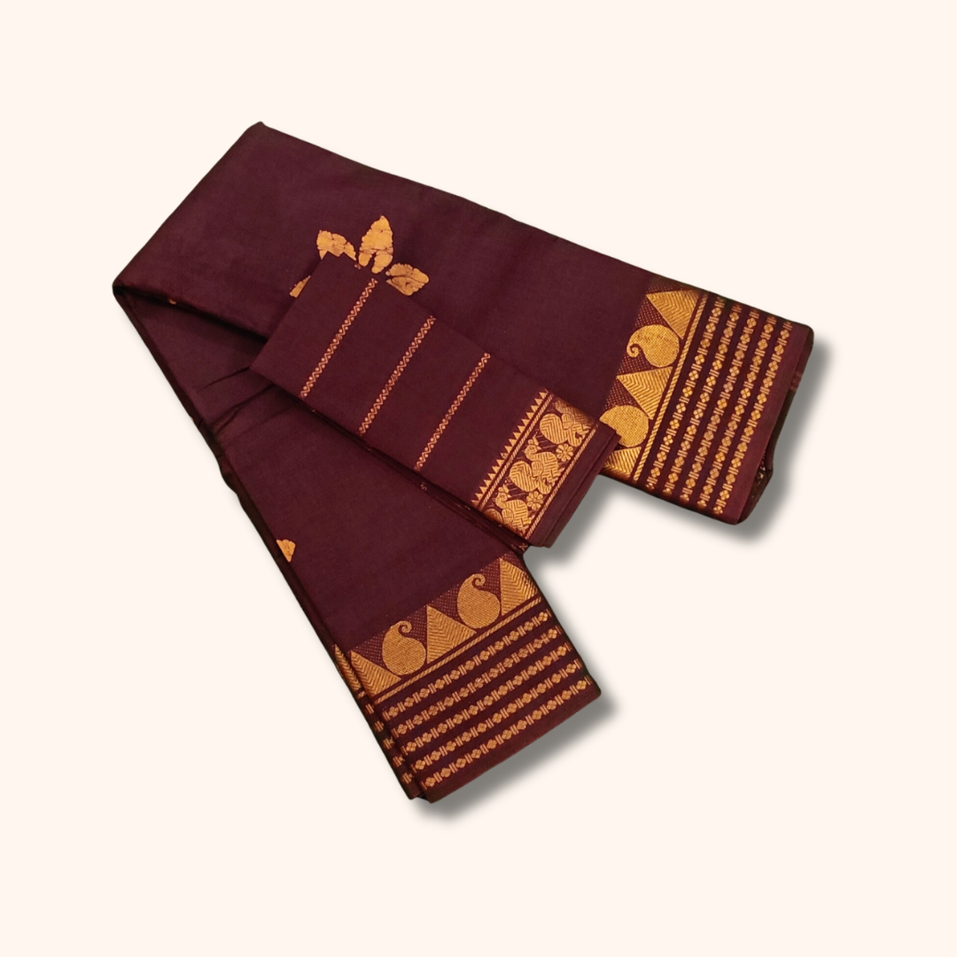 Maroon Sungudi Cotton Saree with Traditional Gold Zari Border & Matching Blouse Piece