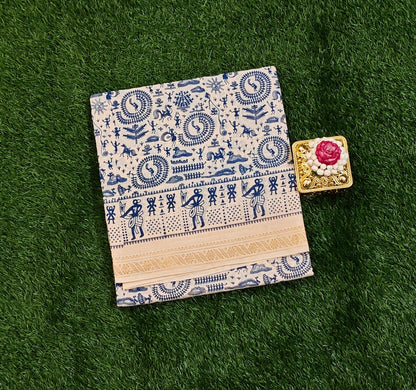 Beautiful Off White & Blue Tribal Print Cotton Saree with Warli Design Border