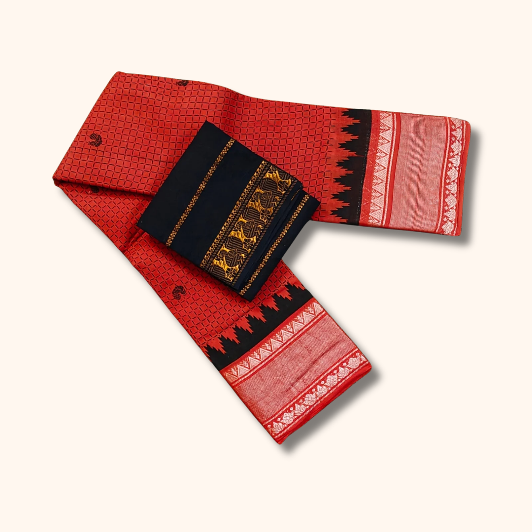 Tomato Red Sungudi Cotton Saree with Silver Zari Temple Border & Coffee Brown Blouse