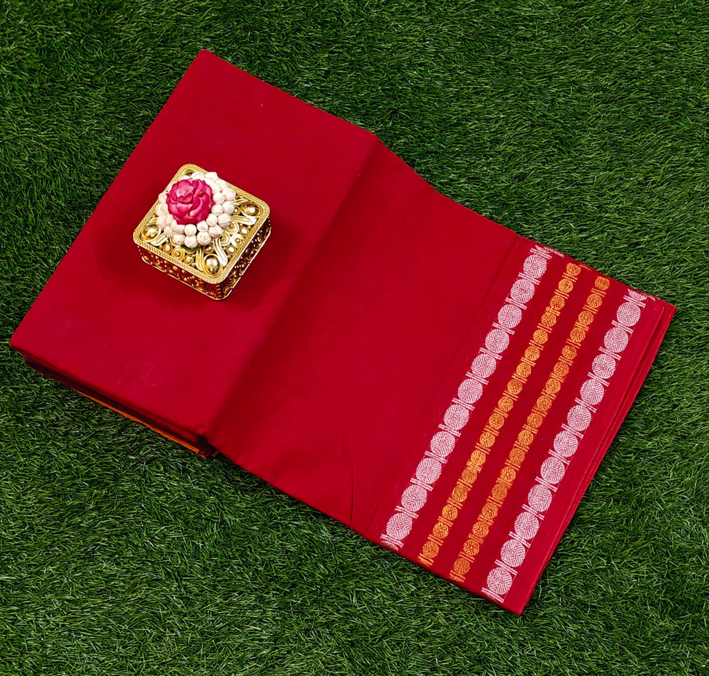 Brick Red Sungudi Cotton Saree with Silver & Gold Striped Border
