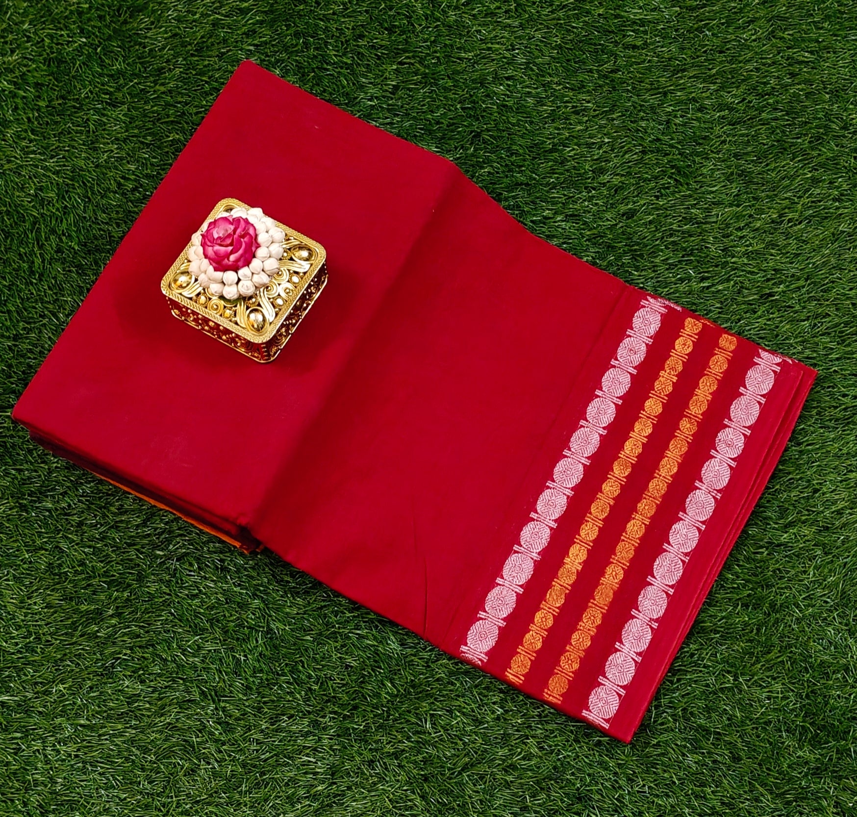 Brick Red Sungudi Cotton Saree with Silver & Gold Striped Border