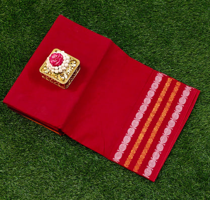 Brick Red Sungudi Cotton Saree with Silver & Gold Striped Border