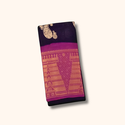 Navy Blue Paisley Sungudi Cotton Saree with Magenta Temple Border