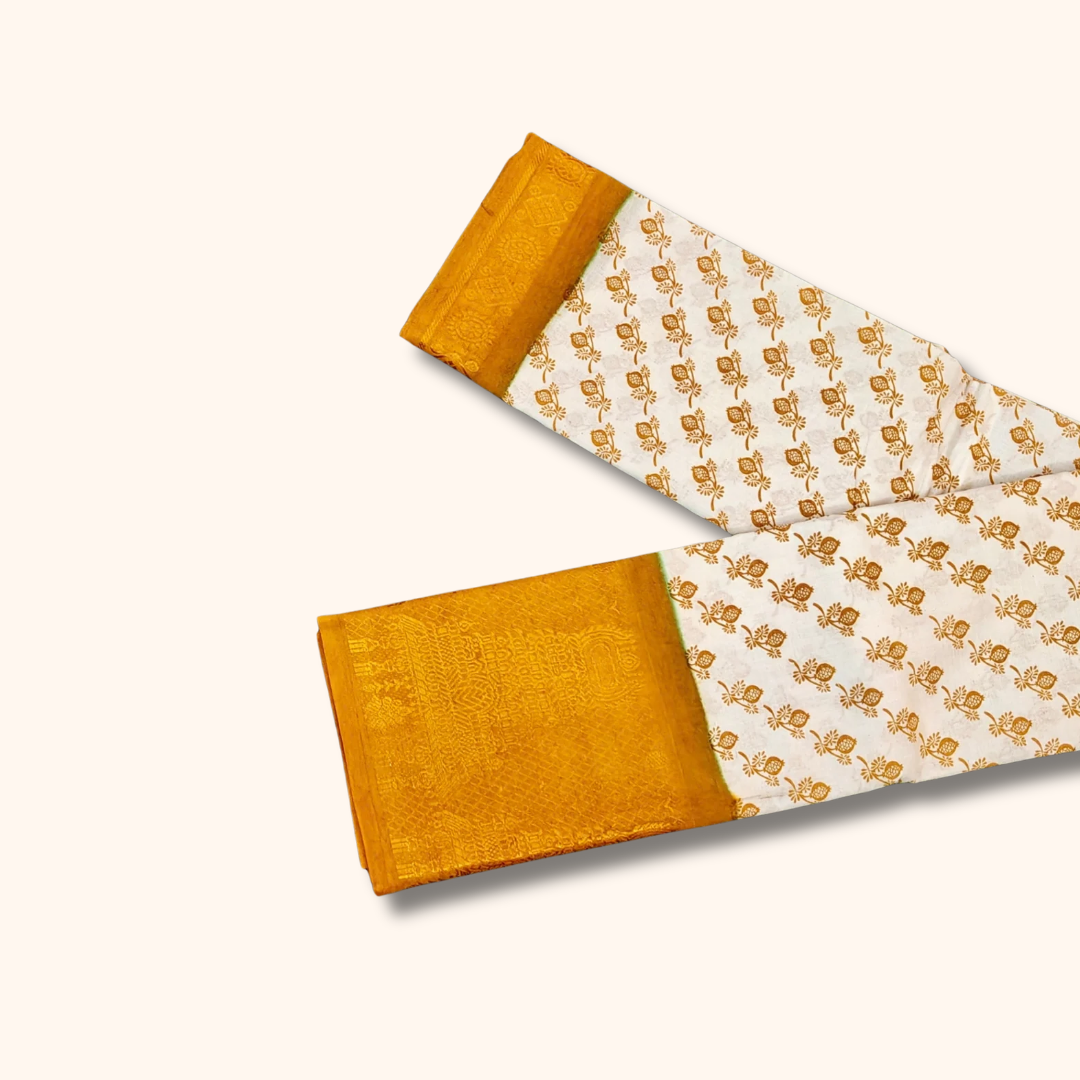Off-White Cotton Saree with Mustard Floral Print & Gold Zari Border – No Blouse