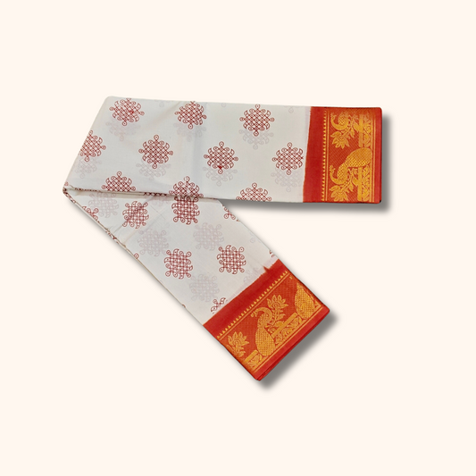 White Sungudi Cotton Saree with Orange Peacock Zari Border