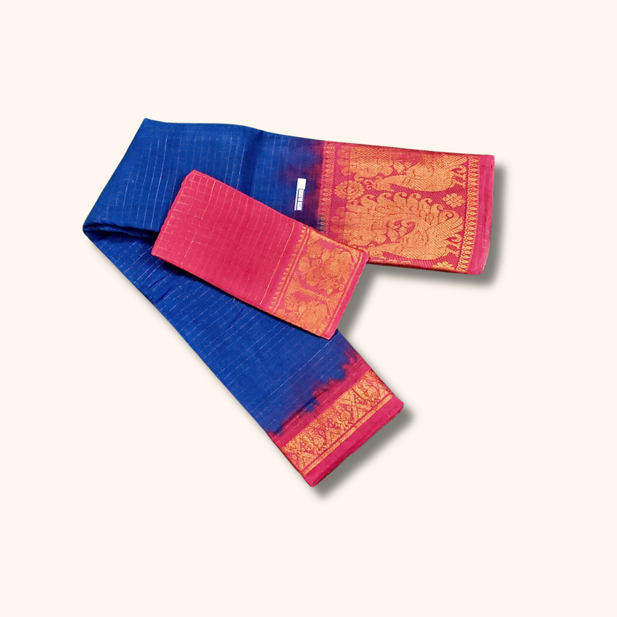 Royal Blue & Pink Checked Cotton Saree with Traditional Zari Border – Separate Blouse Piece
