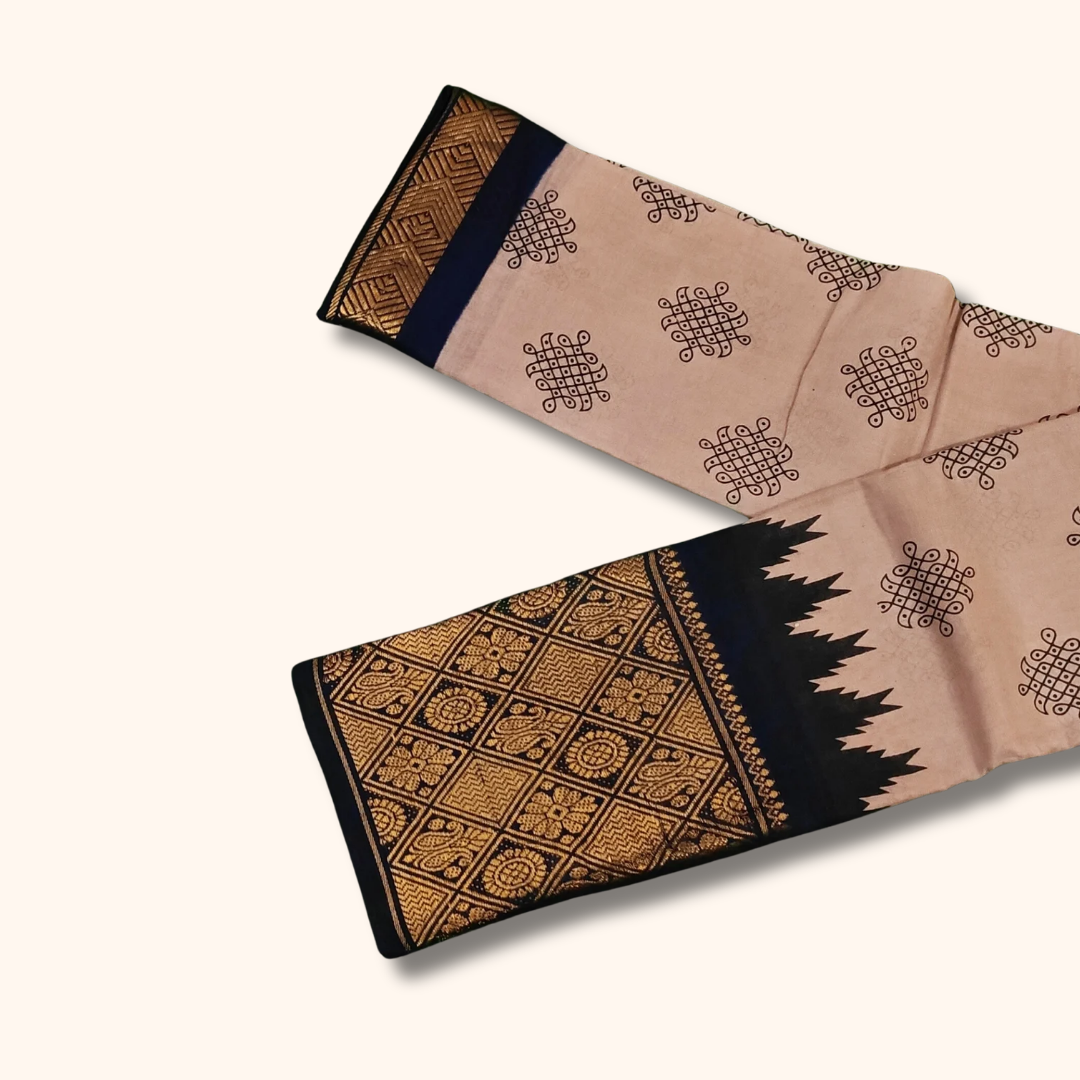 Light Pink Cotton Saree with Black Temple Border and Gold Woven Pallu