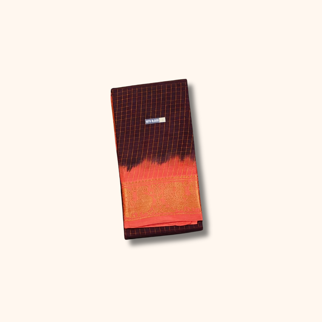 Dark Coffee Brown Sungudi Cotton Saree with Coral Orange Peacock Border