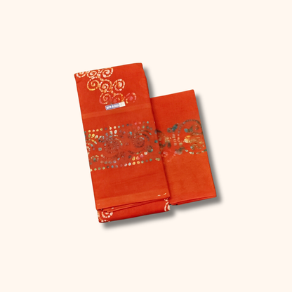 Vibrant Orange Batik Cotton Saree with Separate Blouse Piece