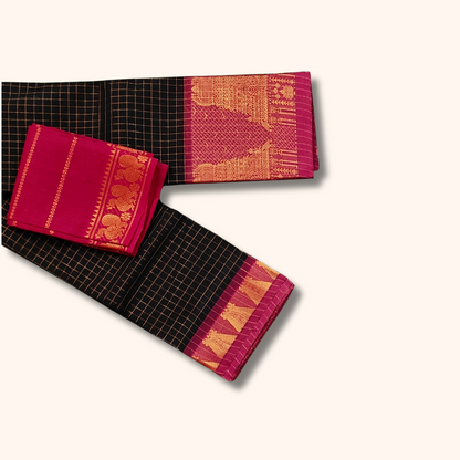 Black Temple Border Cotton Saree with Pink Pallu