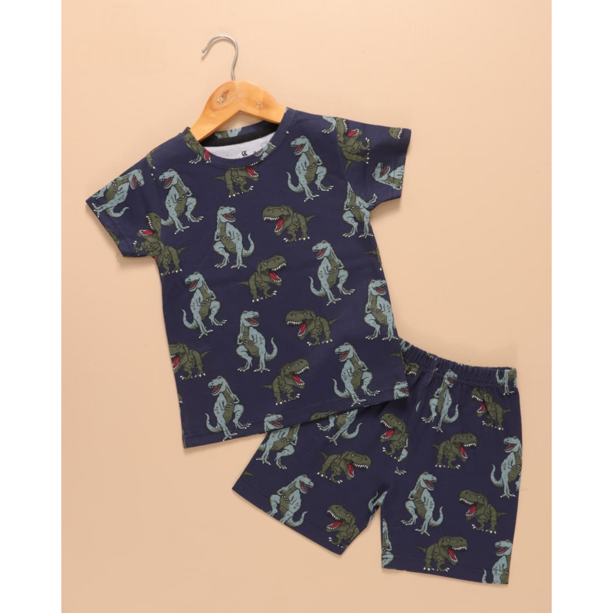 Kids Unisex Pure Cotton T-Shirt & Shorts Set – Dinosaur Print Summer Wear (Navy Blue)