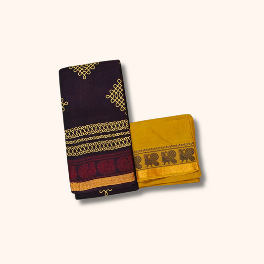 Dark Plum Sungudi Kolam Cotton Saree with Mustard Yellow Blouse Piece
