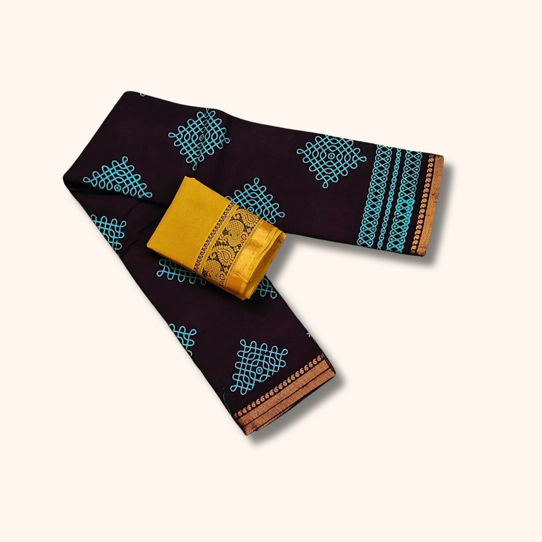 Coffee Brown Sungudi Cotton Saree with Blue Kolam Motifs – Separate Blouse Piece