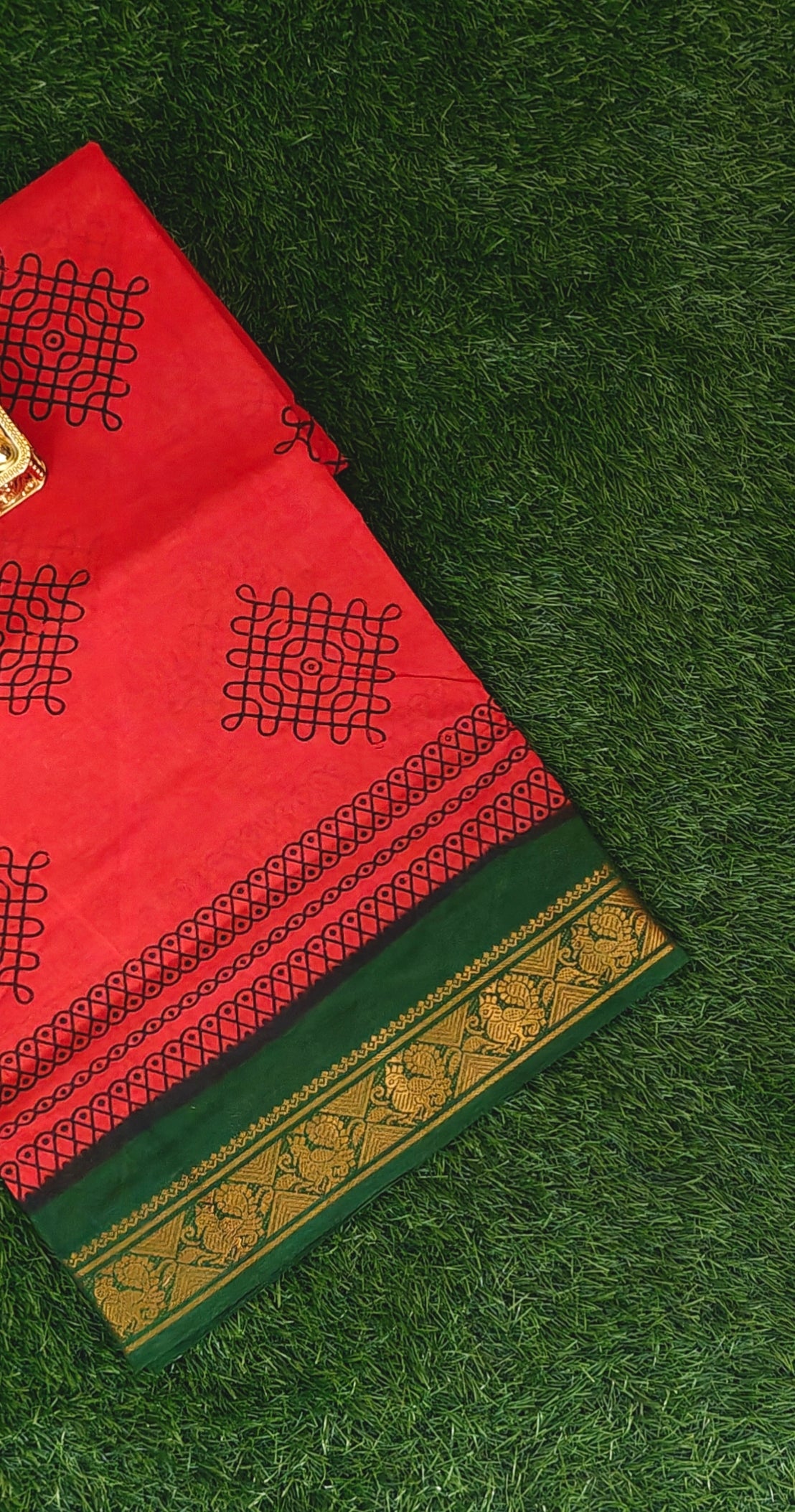 Vibrant Red Sungudi Cotton Saree with Green & Gold Border
