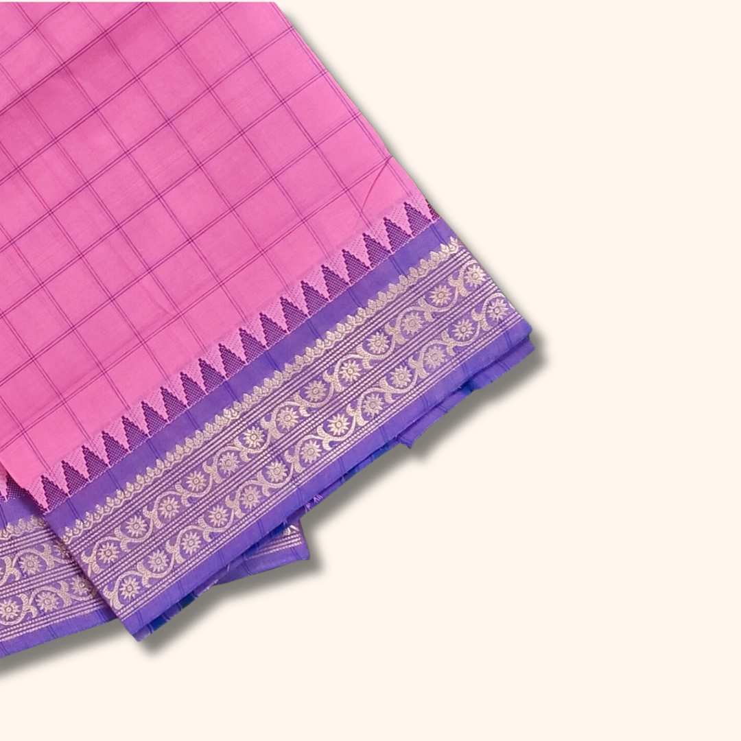 Pink Checked Cotton Saree with Lavender Traditional Border