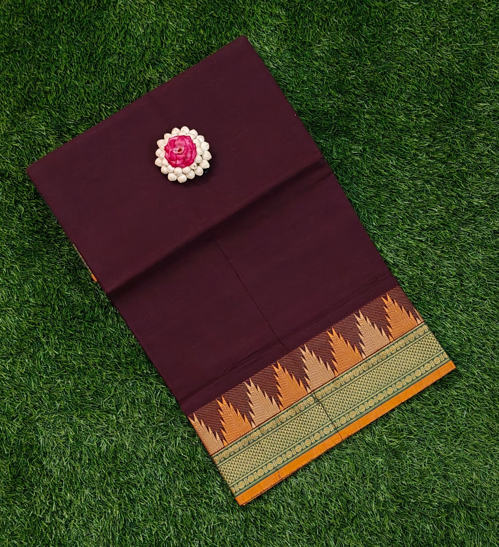 Wine Maroon Chettinad Cotton Saree with Traditional Temple Border